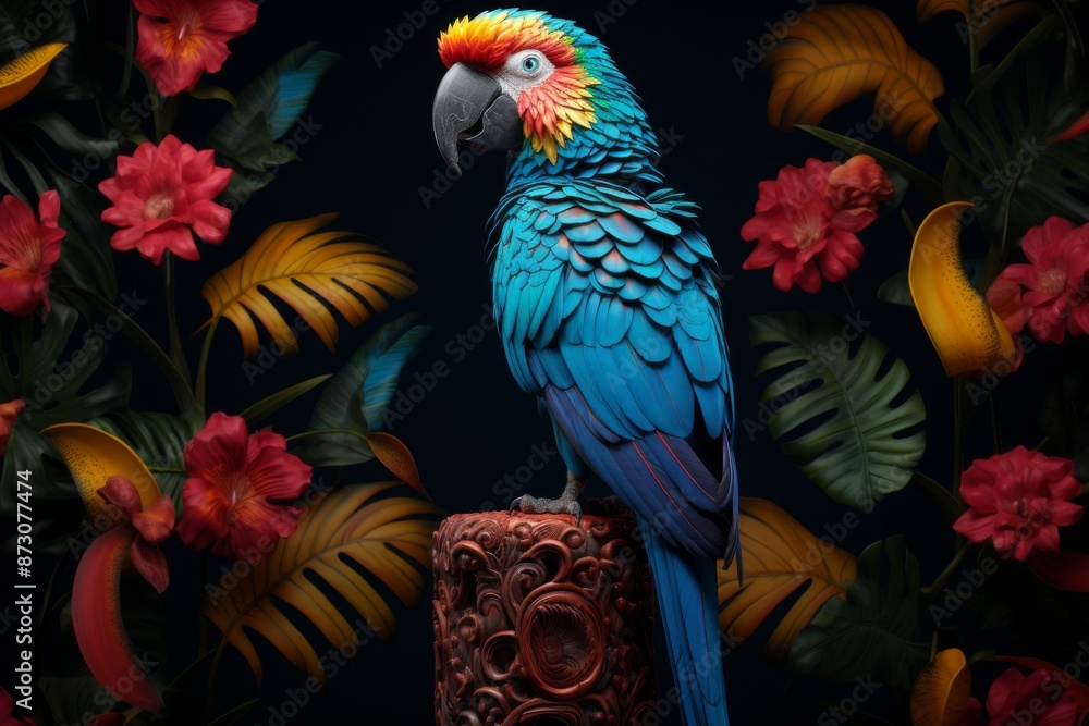 Blue Macaw Perched on a Carved Stand Among Lush Tropical Foliage Blue Macaw Perched on a Carved Stand Among Lush Tropical Foliage