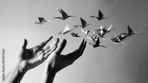 A pair of hands releasing a flock of paper birds into the air on a monochromatic background representing freedom and letting go.