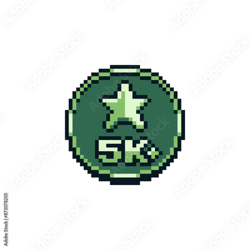 Star 5k pixel art icon, subscribers, likes, medal, stamp emblem. Best sale, certificate. Sticker design. 8-bit sprites. Isolated vector illustration. Old school computer graphic style.