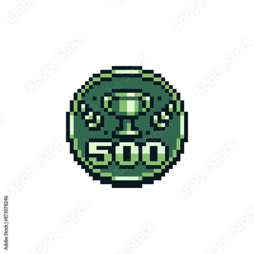 500, achievement pixel art icon, goblet emblem, subscribers, likes, design for logo, web, mobile app. Game tournament. 8-bit. Game assets. Isolated abstract vector illustration.