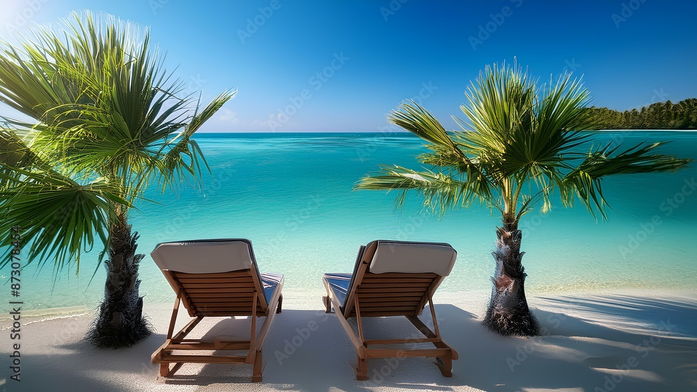 Blue lagoon with birch water and palm trees. A place for two on the shore of the azure sea. Seashore, two sun loungers for relaxing and sunbathing. Blue lagoon with birch water and palm trees. A place for two on the shore of the azure sea. Seashore, two sun loungers for relaxing and sunbathing.