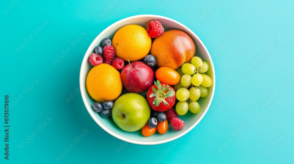 fresh fruit bowl with oranges, grapes, apples, and berries on a blue background. fresh fruit bowl with oranges, grapes, apples, and berries on a blue background.