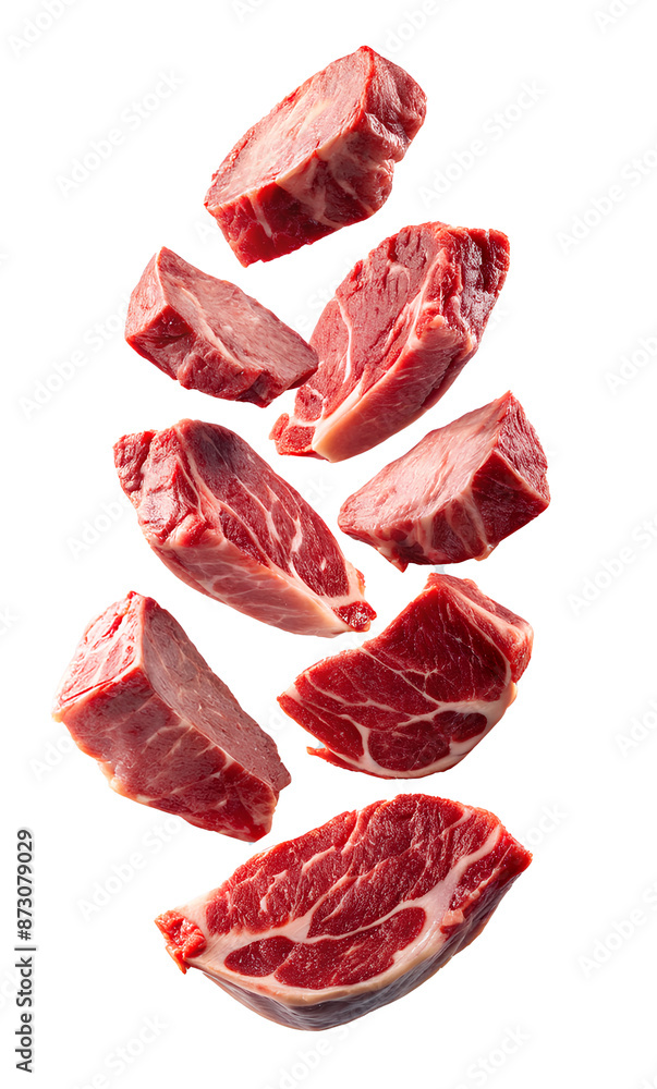 fresh raw red meat slices, can be cooked and grilled on white background, fresh raw red meat slices, can be cooked and grilled on white background,