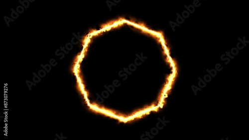 On a black background, an octagon of fire is burning while sparks and flames flicker. A 4K loop including 3D render