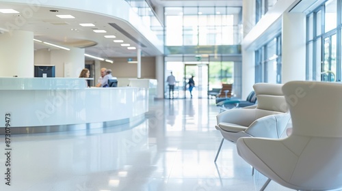 Elegant hospital reception area with white chairs and modern design. Bright and welcoming healthcare environment