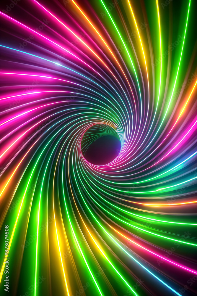 Fototapeta premium Vibrant spiral neon lines. Colorful, glowing abstract background on dark canvas.