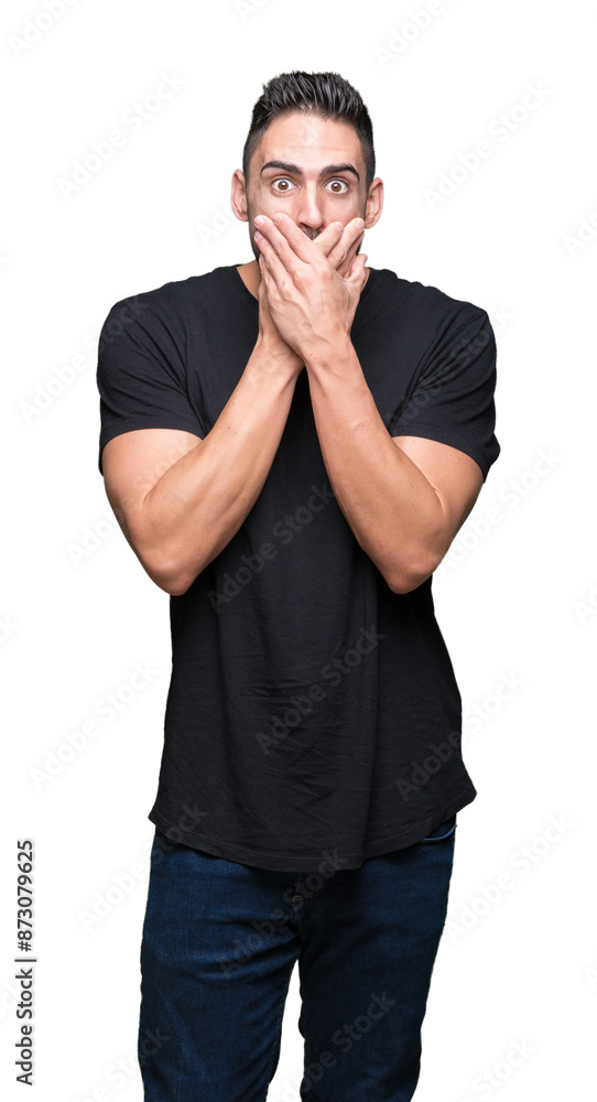 Young handsome man over isolated background shocked covering mouth with hands for mistake. Secret concept. Young handsome man over isolated background shocked covering mouth with hands for mistake. Secret concept.