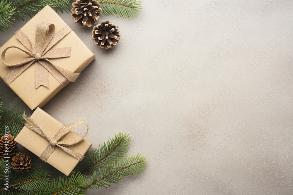 Christmas composition with fir tree branches pine cones gift boxes tag and ribbons Flat lay with blank copy space with generative ai Christmas composition with fir tree branches pine cones gift boxes tag and ribbons Flat lay with blank copy space with generative ai