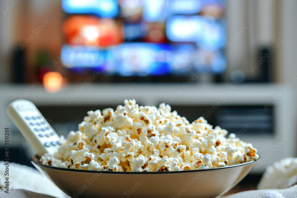 Watching TV shows and series. Popcorn and remote control in the background of the TV set Watching TV shows and series. Popcorn and remote control in the background of the TV set
