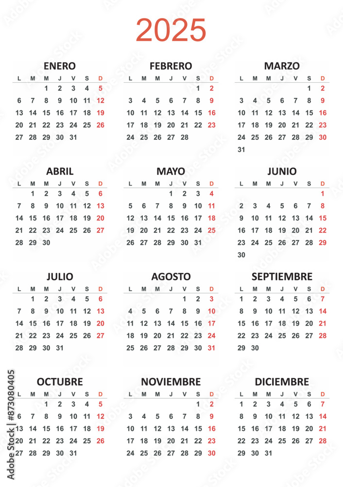 Spanish Yearly calendar. 2025 mockup. Annual Vertical template. Classic simple minimal design. Black numbers on white background. Editable format. First day lunes monday. EPS10. Spanish Yearly calendar. 2025 mockup. Annual Vertical template. Classic simple minimal design. Black numbers on white background. Editable format. First day lunes monday. EPS10.