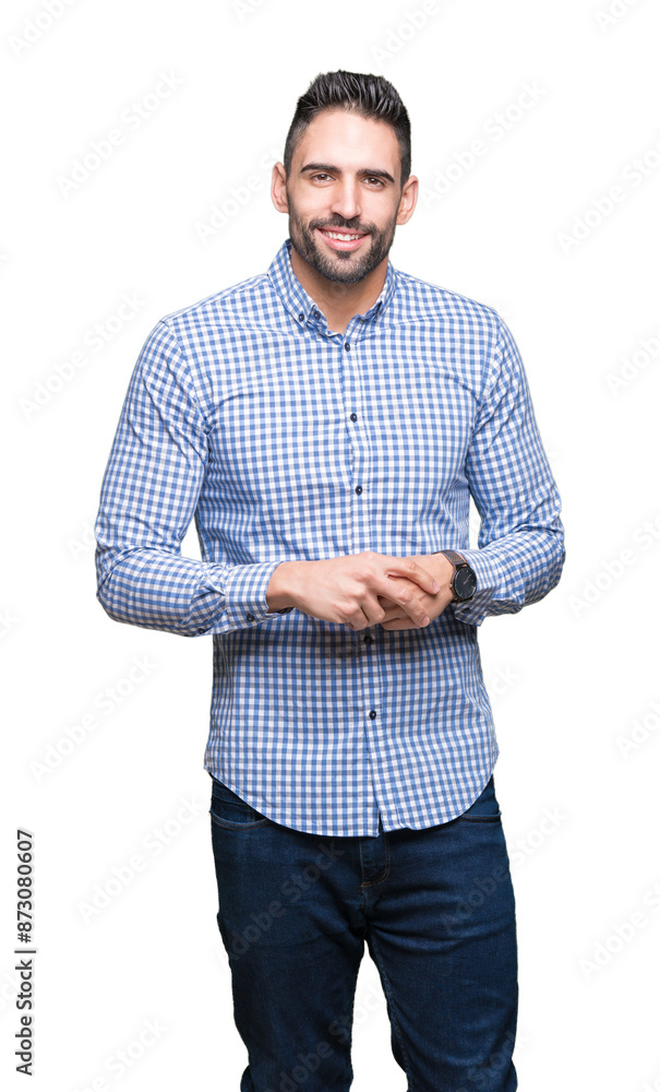 Young handsome man over isolated background Hands together and fingers crossed smiling relaxed and cheerful. Success and optimistic Young handsome man over isolated background Hands together and fingers crossed smiling relaxed and cheerful. Success and optimistic