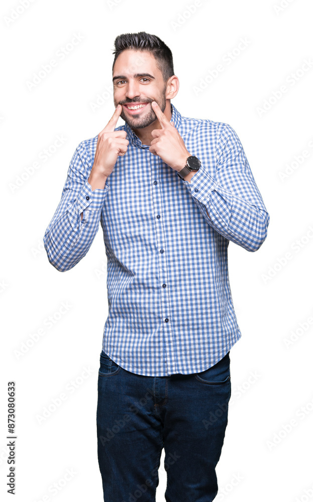 Young handsome man over isolated background Smiling with open mouth, fingers pointing and forcing cheerful smile Young handsome man over isolated background Smiling with open mouth, fingers pointing and forcing cheerful smile
