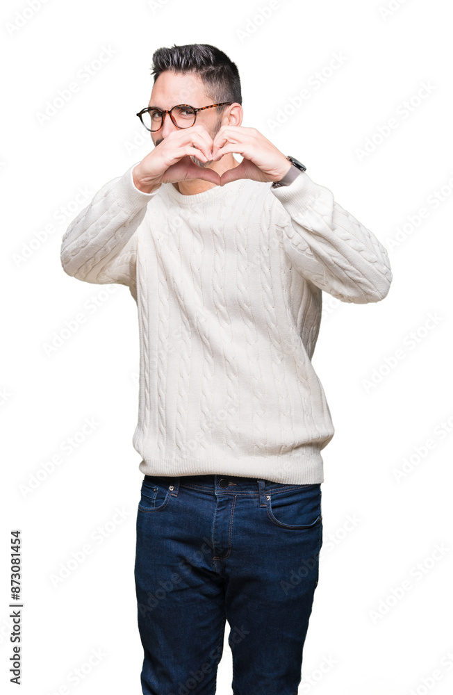 Young handsome man wearing glasses over isolated background smiling in love showing heart symbol and shape with hands. Romantic concept. Young handsome man wearing glasses over isolated background smiling in love showing heart symbol and shape with hands. Romantic concept.