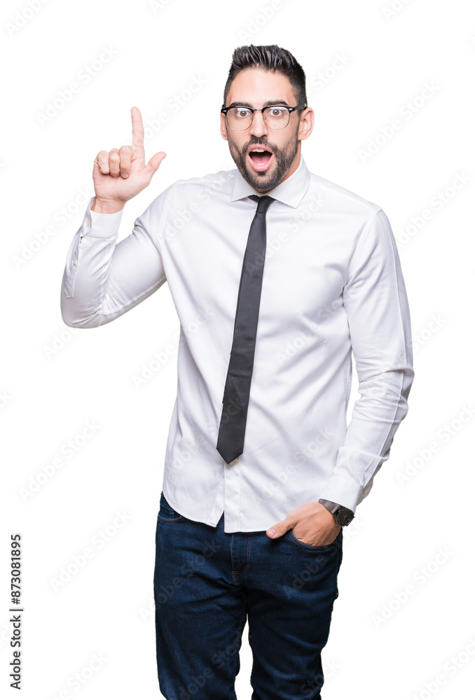 Young handsome business man wearing glasses over isolated background pointing finger up with successful idea. Exited and happy. Number one. Young handsome business man wearing glasses over isolated background pointing finger up with successful idea. Exited and happy. Number one.