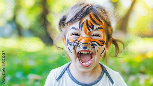 A joyful child with face paint like a tiger roaring playfully during an outdoor picnic. photo