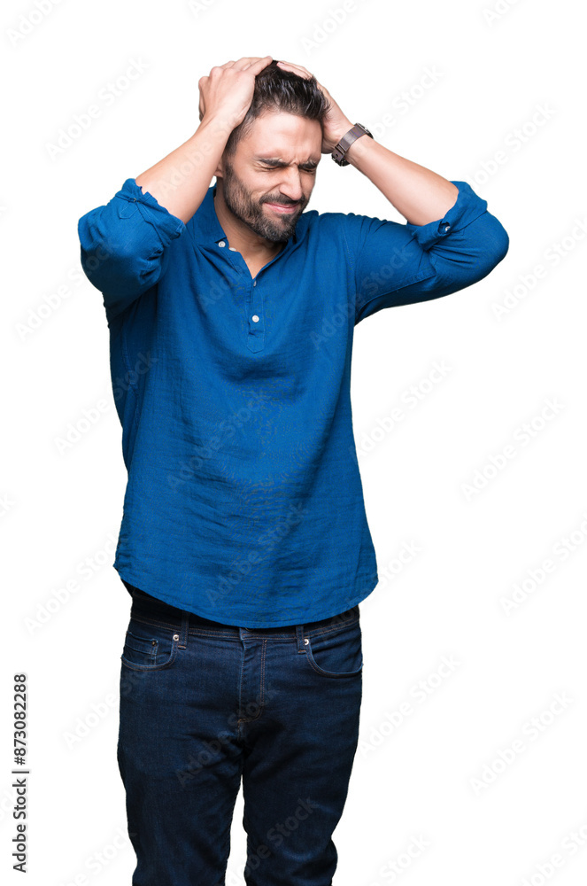 Young handsome man over isolated background suffering from headache desperate and stressed because pain and migraine. Hands on head. Young handsome man over isolated background suffering from headache desperate and stressed because pain and migraine. Hands on head.