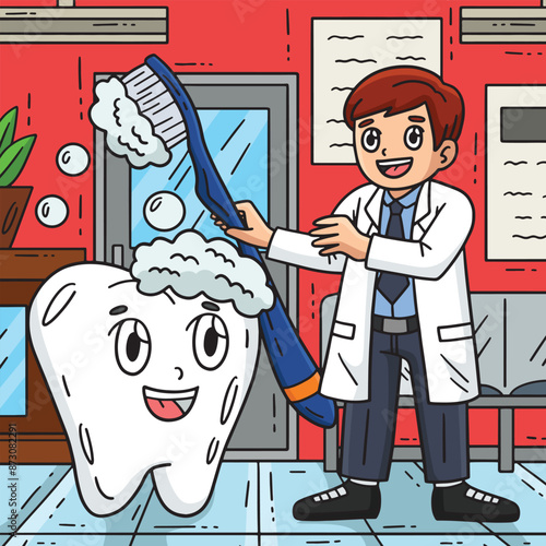 Dental Care Dentist and Tooth Colored Cartoon 