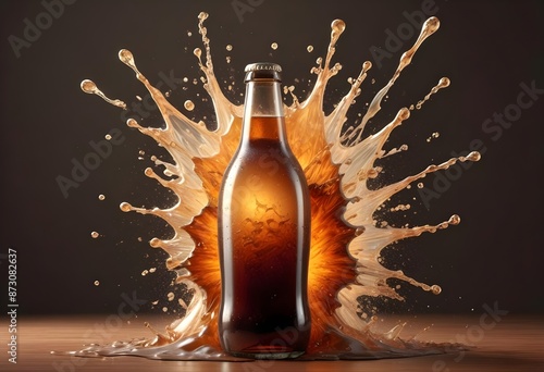 Overflowing fizzy soda pop splashing out of a plain clear glass bottle with no label mockup photo