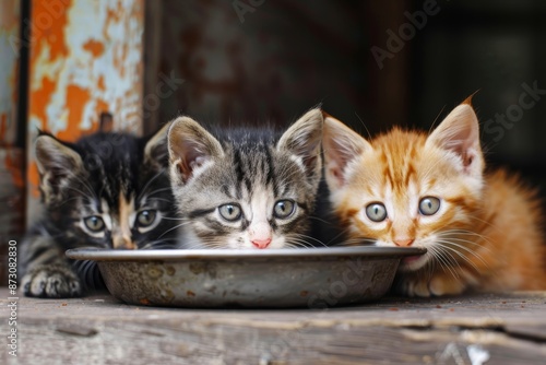 Eager adorable kittens await mealtime, embodying domestic pets in blissful breed nutrition concept