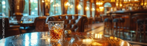 A glass of whiskey sits on a table in a dimly lit bar with large windows and leather chairs