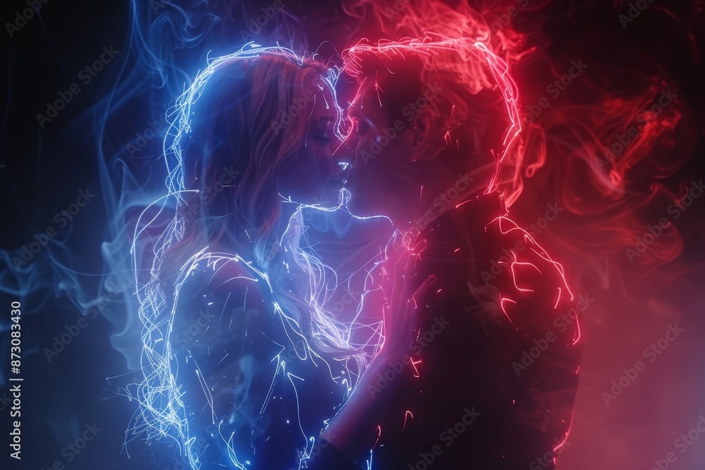Passionate digital art of a couple kissing with blue and red light effects, intense and dramatic Passionate digital art of a couple kissing with blue and red light effects, intense and dramatic