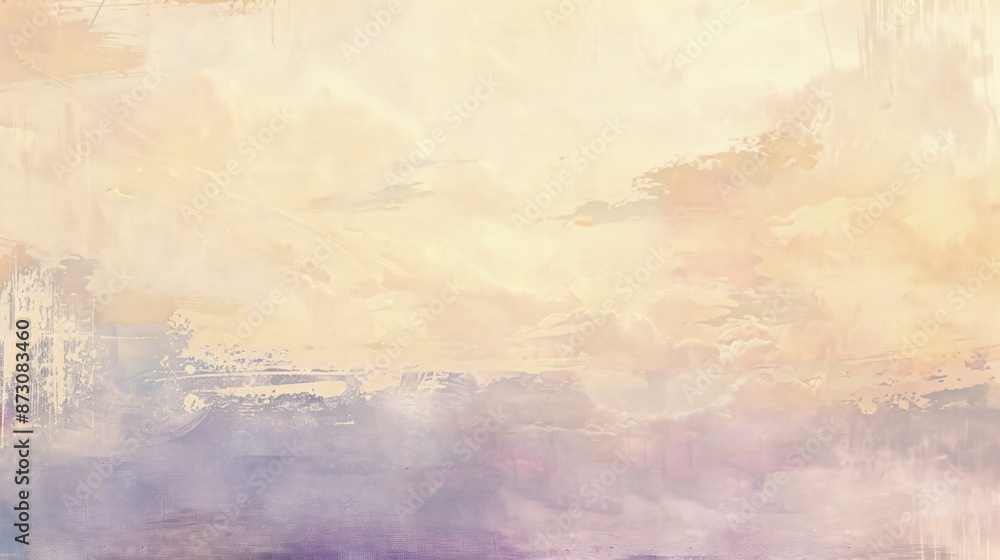 A hand-painted background in pastel shades of lilac and warm beige, adorned with an abstract oil painting that captures the nostalgic colors of a faded photograph of the sky. A hand-painted background in pastel shades of lilac and warm beige, adorned with an abstract oil painting that captures the nostalgic colors of a faded photograph of the sky.