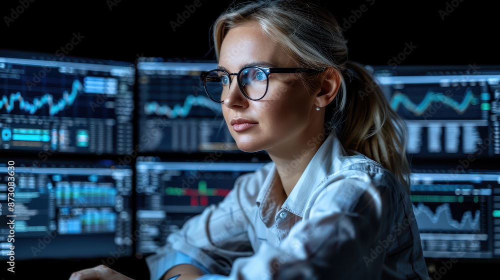 Focused woman analyzing financial data on multiple monitors, highlighting the intense work environment of trading and stock analysis. Focused woman analyzing financial data on multiple monitors, highlighting the intense work environment of trading and stock analysis.