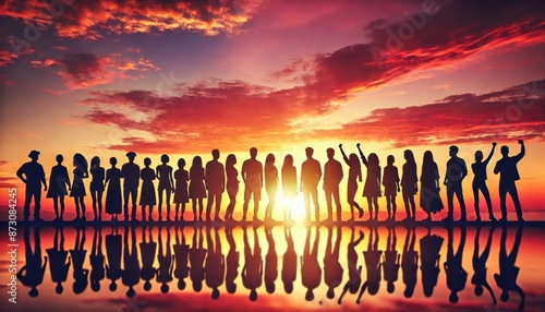 An illustration silhouette crowd under a fiery desert sunset