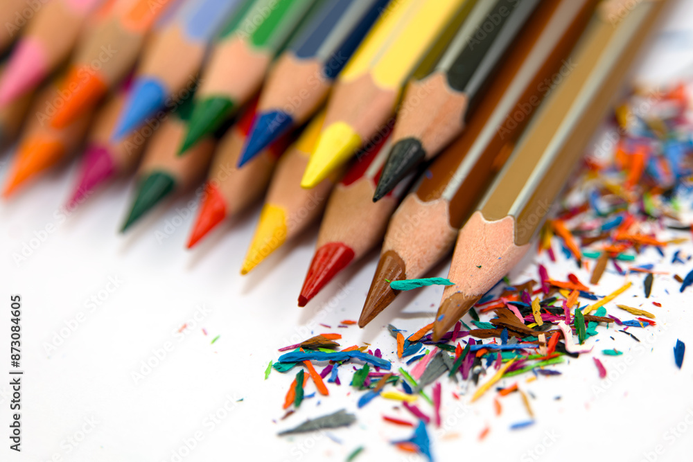 Colorful Pencils And Shavings On A White Background Colorful Pencils And Shavings On A White Background
