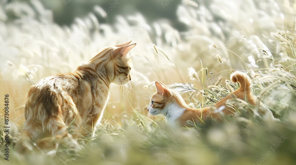 Playful Cat and Dog frolicking in a Meadow of Tall Grass on a Windy Day Playful Cat and Dog frolicking in a Meadow of Tall Grass on a Windy Day