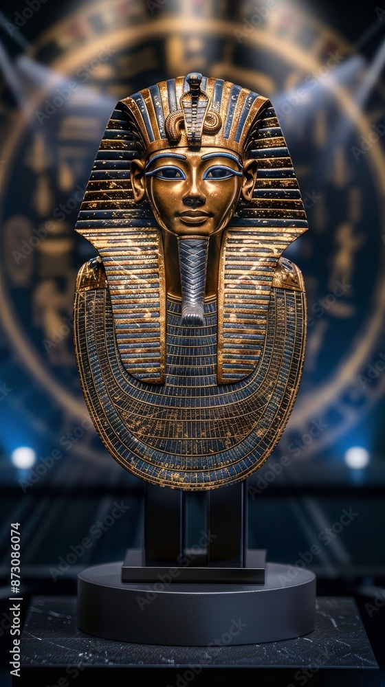 Obraz premium Ancient Egyptian pharaoh mask on display. Gold and black mask with intricate details, set against a dark backdrop with soft lighting.