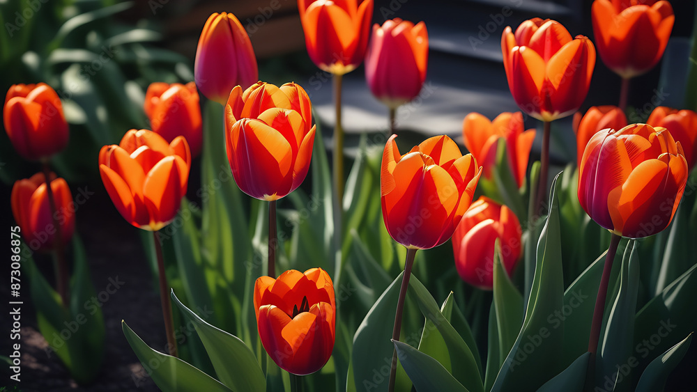 Red tulips, garden, background, front view, vertical format Red tulips, garden, background, front view, vertical format