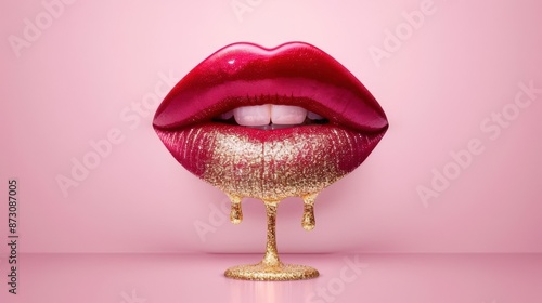 Close-up of glossy lips with golden glitter dripping, set against a pink background highlighting beauty and fashion concepts. photo