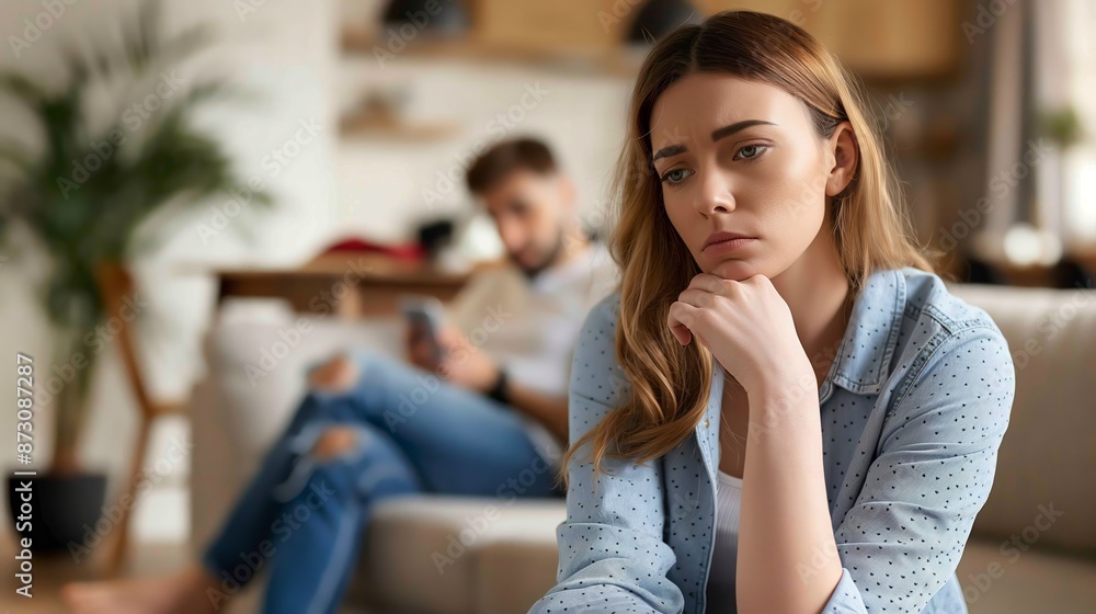 Worried Woman Sitting on Couch, Distracted Man Using Phone in Background, Domestic Scene in Modern Home, Stress and Isolation Concept Worried Woman Sitting on Couch, Distracted Man Using Phone in Background, Domestic Scene in Modern Home, Stress and Isolation Concept