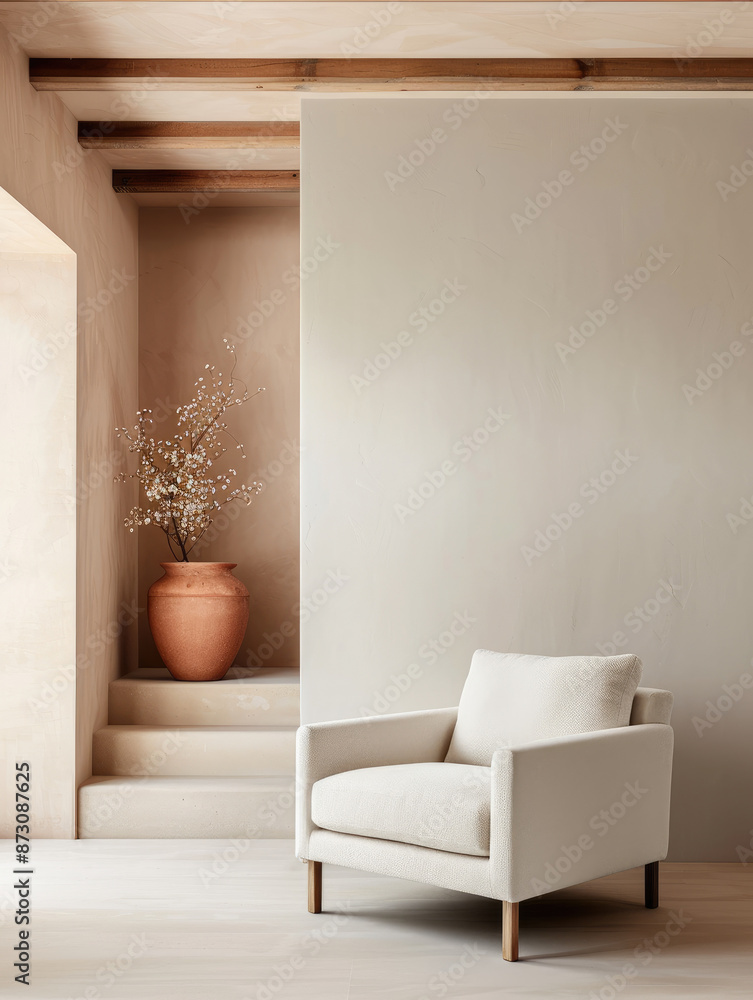 Spacious room with terra cotta accent armchair, steps, stucco wall. Minimalist japandi interior design in modern living room. Spacious room with terra cotta accent armchair, steps, stucco wall. Minimalist japandi interior design in modern living room.