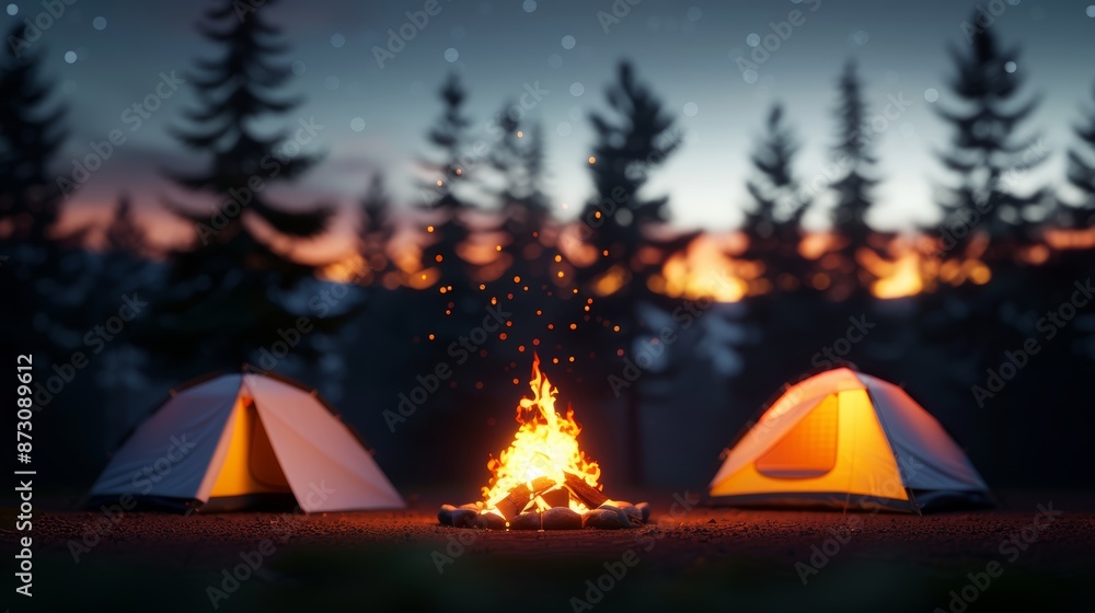 A cozy campsite at dusk, a warm fire crackling with glowing embers, surrounded by tall trees A cozy campsite at dusk, a warm fire crackling with glowing embers, surrounded by tall trees