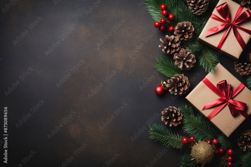 Christmas composition with fir tree branches pine cones gift boxes tag and ribbons Flat lay with blank copy space with generative ai Christmas composition with fir tree branches pine cones gift boxes tag and ribbons Flat lay with blank copy space with generative ai