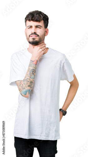 Young handsome man wearing white t-shirt over isolated background Touching painful neck, sore throat for flu, clod and infection