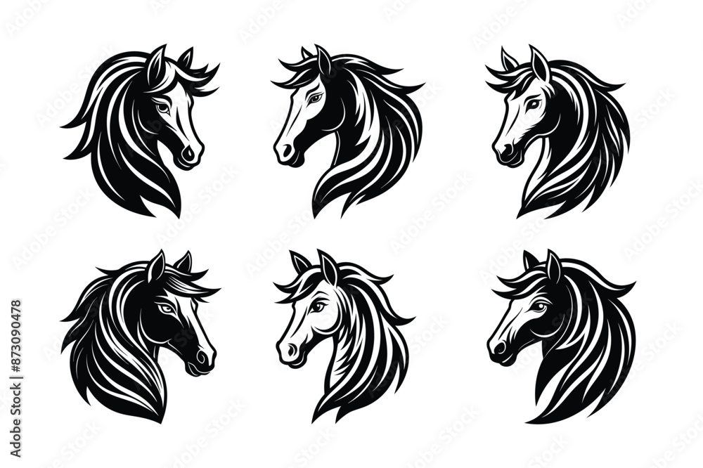 Obraz premium This bundle of six exquisite horse head vector silhouettes is ideal for creating stunning equine art, logos, and designs. Perfect for graphic designers, equestrians, and horse lovers.