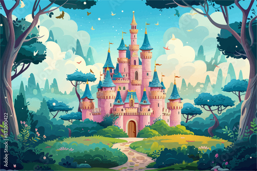 Illustration of pink castle in a forest with road to the castle, green trees, green grass, cartoon, vector