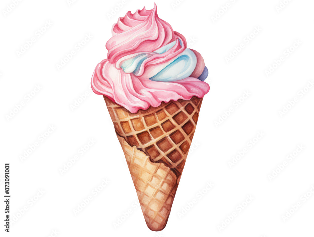 pink and white swirled ice cream in a waffle cone, isolated on a transparent background. pink and white swirled ice cream in a waffle cone, isolated on a transparent background.