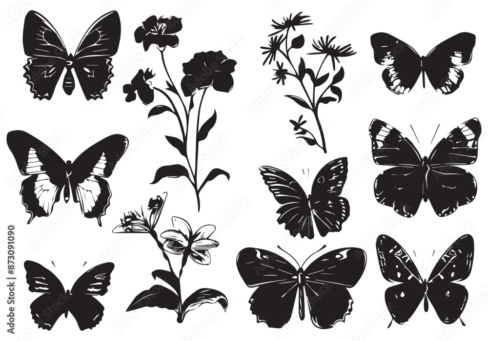 Flowers and butterfly design Bundle white background. Floral butterfly silhouette set Bundle Flowers and butterfly design Bundle white background. Floral butterfly silhouette set Bundle