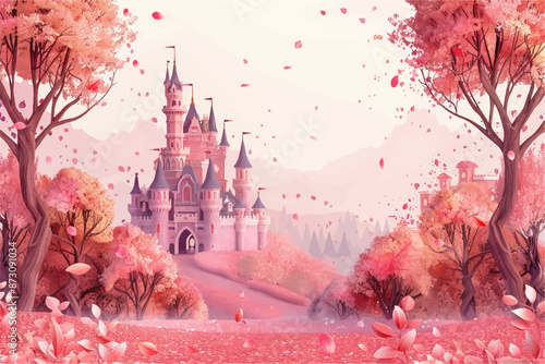 Illustration of pink castle in a pink forest, cartoon, vector