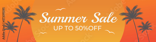 Summer sale banner with sunset tropical design yellow and orange background, vector illustration