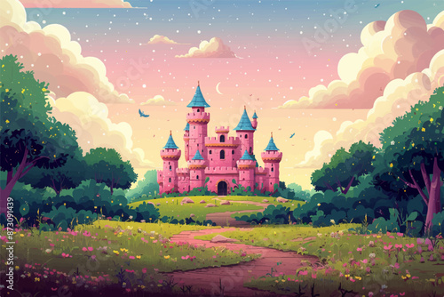 Illustration of pink castle in a forest with road to the castle, green trees, green grass, cartoon, vector