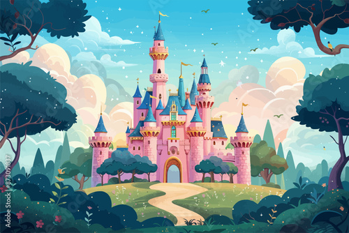 Illustration of pink castle in a forest with road to the castle, green trees, green grass, cartoon, vector