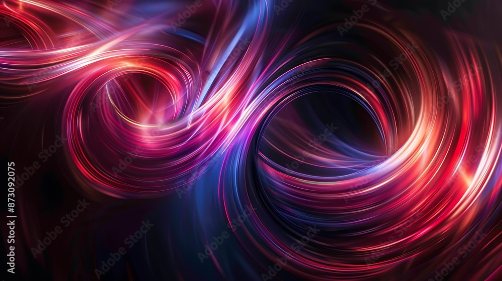 An abstract composition of swirling neon lights in shades of fiery crimson and deep sapphire, creating a mesmerizing display against a backdrop of pure blackness. An abstract composition of swirling neon lights in shades of fiery crimson and deep sapphire, creating a mesmerizing display against a backdrop of pure blackness.
