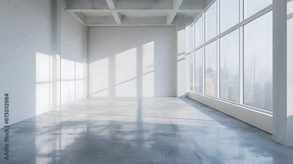 Fototapeta premium A bright, white empty room with large windows and a polished concrete floor. Sunlight streams through the window, casting soft shadows on one side of the wall.
