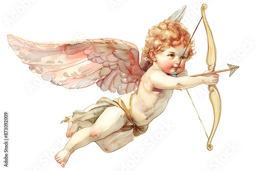watercolor painting realistic vintage romantic of a cherub or cupid with bow and arrow isolated on white background.