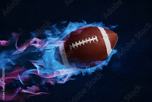 American football engulfed in blue and purple flames, soaring through a starry sky